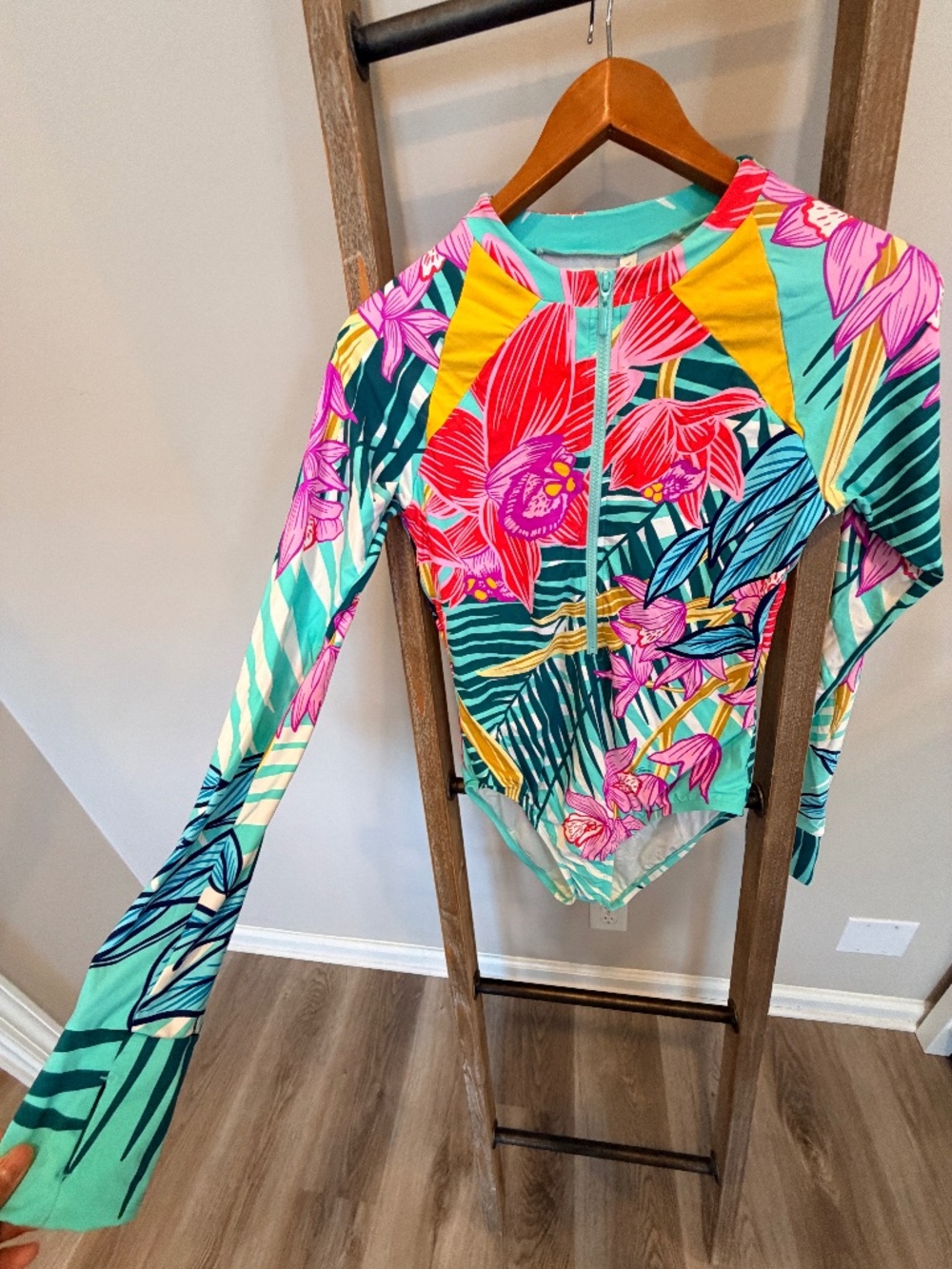 Trina Turk "Terra Nostra" Paddle Suit Long Sleeve Tropical Print